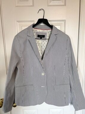 Talbots Navy and White Striped Single-Button Blazer